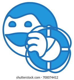 happy smiling guy holding an emergency water lifebuoy, simplistic facial expression vector illustration, simple hand drawn circle shaped emoticon, funny cartoon character, eps 10