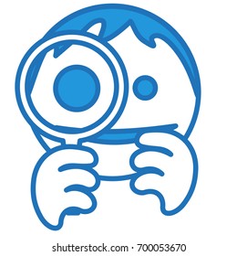 happy smiling guy looking through the magnifying glass,seeing something interesting, simplistic facial expression vector illustration, simple hand drawn circle shaped emoticon, funny cartoon character