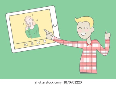 Happy smiling guy looking video at tablet with pretty girl, blogger concept, imitation of idol. Man touching screen of digital device. Cute shining girl, videoclip, vlog, vlogger. Vector characters