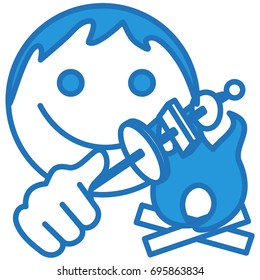 happy smiling guy toasting marshmallows on a bonfire, smiling emotion roasting some food on a stick, funny cartoon character with simplistic facial expression, simple hand drawn circle shaped emoticon