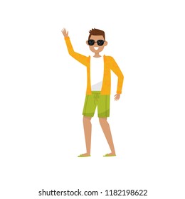 Happy smiling guy waving his hand, young man enjoying summer vacation vector Illustration on a white background