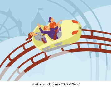 Happy smiling guys, girl ride roller coaster in amusement park, enjoy summer vacation in flat illustration on colored background. Friends experience excitement, have fun together