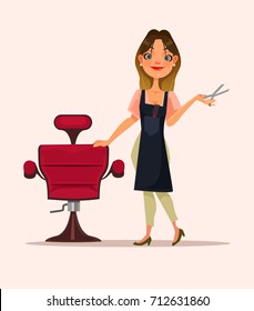 Happy smiling hairdresser woman character is waiting for client. Vector flat cartoon illustration