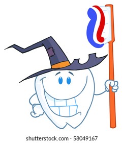 Happy Smiling Halloween Tooth With  Toothbrush