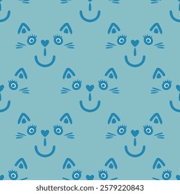 Happy smiling handdrawn medium blue cat faces on vintage soft greyish blue