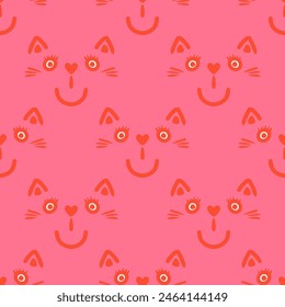 Happy smiling handdrawn red cat faces on soft vintage pink