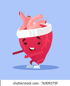 Happy smiling healthy heart character exercising. Vector flat cartoon illustration