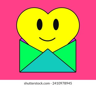 Happy smiling heart in an envelope. Sticker or icon in retro 90s style. Flat vector illustration.	