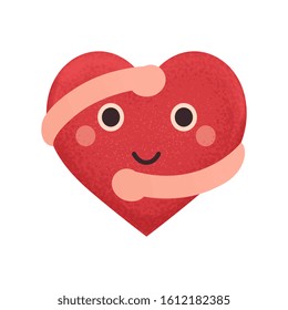 Happy smiling heart with hugging hands. Concept love yourself, Valentine heart.