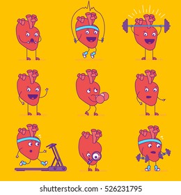 Happy smiling heart logotype. Cheerful cartoon character logo in flat line style. Happy cardiovascular symbol or sign. Vector illustration
