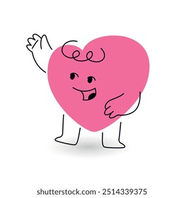 happy smiling heart mascot with hi gesture. welcome conversation. reaction or communication emoji. vector illustration on white bg. editable stroke