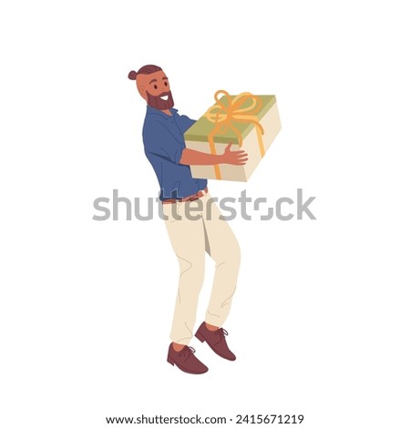 Happy smiling hipster guy cartoon character carrying festive gift box in hand isolated on white