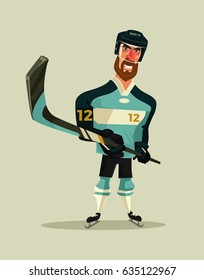 Happy smiling hockey player character mascot. Vector flat cartoon illustration
