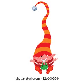 Happy smiling Holiday Elf in a sitting position with outstreached arms looking joyful. He has red shoes and a tall orange and red striped cap tipped with a jingle bell trinket.