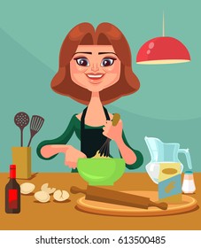 Happy smiling housewife character prepare food. Vector flat cartoon illustration