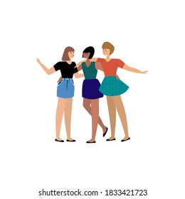 Happy smiling and hugging three young women flat vector illustration. Standing women. Positive poster. Cartoon characters  isolated on the background. Bright banner design. 
