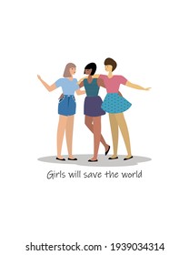 Happy smiling and hugging three young women flat vector illustration.  Women of different nationalities and races.  Standing women. Positive poster. 