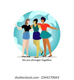Feliz sonrisa y abrazo a tres jóvenes ilustraciones planas vectoriales.  Mujeres de diferentes nacionalidades y razas.  Mujeres de pie. Fondo de la Tierra. Afiche positivo. 
