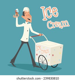 Happy Smiling Ice Cream Seller with Cart Retro Vintage Cartoon Character Icon on Stylish Background Design Vector Illustration
