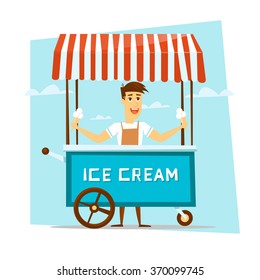 Happy smiling ice cream seller with cart. Cartoon character. Vector Illustration.