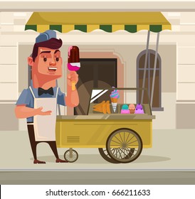 Happy smiling ice cream seller character mascot standing near ice cream car. Vector flat cartoon illustration