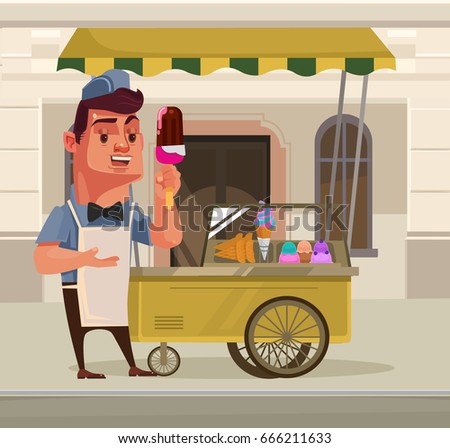 Happy smiling ice cream seller character mascot standing near ice cream car. Vector flat cartoon illustration