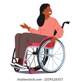 Happy smiling inclusive woman cartoon character with physical disability using wheelchair for movement mobility talking feeling excited and satisfied vector illustration isolated on white background