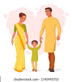 Happy smiling Indian family in traditional outfits holding hands and walking. Cartoon vector illustration isolated on white background.