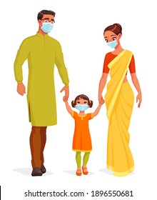 Happy smiling Indian family in traditional outfits wearing medical masks holding hands and walking. Protection from Covid-19. Cartoon vector illustration isolated on white background.