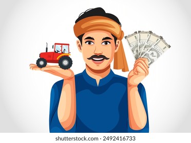 Happy smiling Indian farmer holding tractor toy in hand and showing money or currency while looking at camera- Concept of earning, agriculture profitable investment