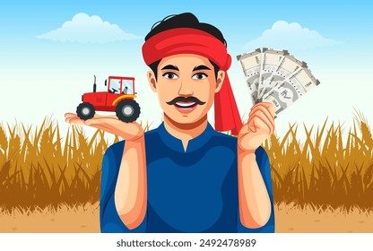 Happy smiling Indian farmer holding tractor toy in hand and showing money or currency while standing at field- Concept of earning, agriculture profitable investment