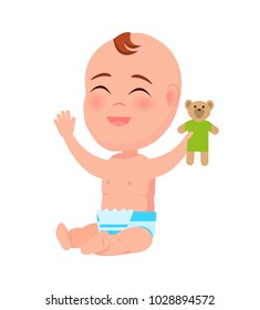 Happy smiling infant with teddy toy in hand merrily laughing vector illustration with little child isolated on white background, funny toddler with bear