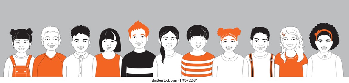 Happy smiling international group of kids in row. Diverse multicultural friends, cheerful cute african american, asian, chinese, redhead, blond boys and girls stand together. Flat vector banner design