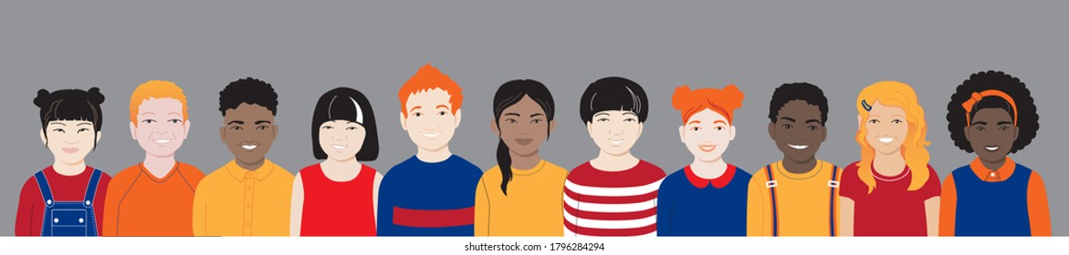 Happy smiling international group of kids in row. Diverse multicultural friends cheerful cute african american, asian, chinese, redhead, blond boys, girls stand together. Colorful bright vector banner