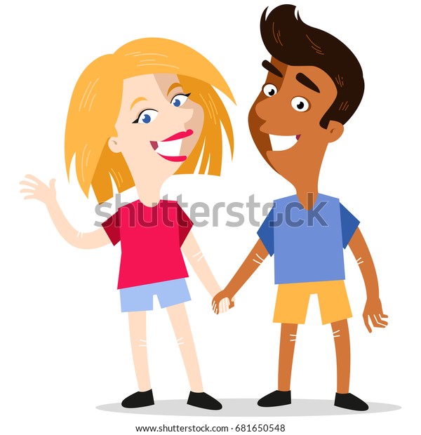 Happy Smiling Interracial Cartoon Couple Holding Vector De Stock Libre De Regalías 681650548 