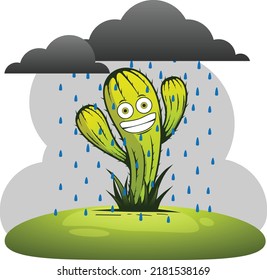 happy smiling isolated dancing cactus on rain with dark clouds