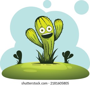 happy smiling isolated dancing cactus on desert in the noon