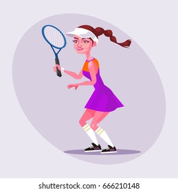 Happy smiling isolated woman girl character playing tennis. Vector flat cartoon illustration