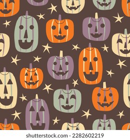 Happy smiling jack o lantern pumpkins with stars - seamless repeating pattern illustration