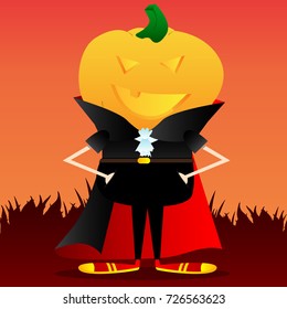 Happy smiling Jack O' Lantern with orange pumpkin instead of a head. Vector Halloween Cartoon Character.
