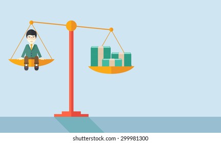 A happy smiling japanese young male sitting on a balance scale with a money bill. Comparison concept. A Contemporary style with pastel palette, soft blue tinted background. Vector flat design