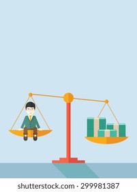 A happy smiling japanese young male sitting on a balance scale with a money bill. Comparison concept. A Contemporary style with pastel palette, soft blue tinted background. Vector flat design