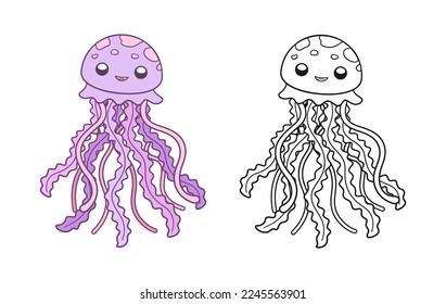 Happy smiling jellyfish outline set vector art illustration. Underwater marine animal cartoon design. Coloring book page activity for kids