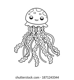 Happy smiling jellyfish outline vector art illustration. Underwater marine animal cartoon design. Coloring book page activity for kids children.