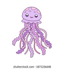 Happy smiling jellyfish vector art illustration.  Underwater marine animal cartoon design. Flat pastel purple and pink monochrome design on white background.