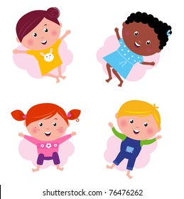 Happy smiling jumping kids. Vector Illustration.