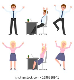 Happy, smiling, jumping young office man and woman vector illustration. Hopping, hands up, having fun, sitting side view at desk boy and girl cartoon character set