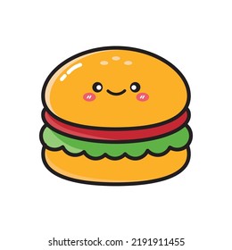 Happy smiling kawaii cute burger. Vector flat cartoon character illustration icon design. Isolated on white background. 
