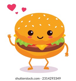 Happy smiling kawaii cute burger. Vector flat cartoon character illustration icon design. Isolated on white background. burger, fast food 