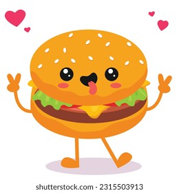 Happy smiling Kawaii cute burger. Vector flat cartoon character illustration icon design. Isolated on white background. burger, fast food